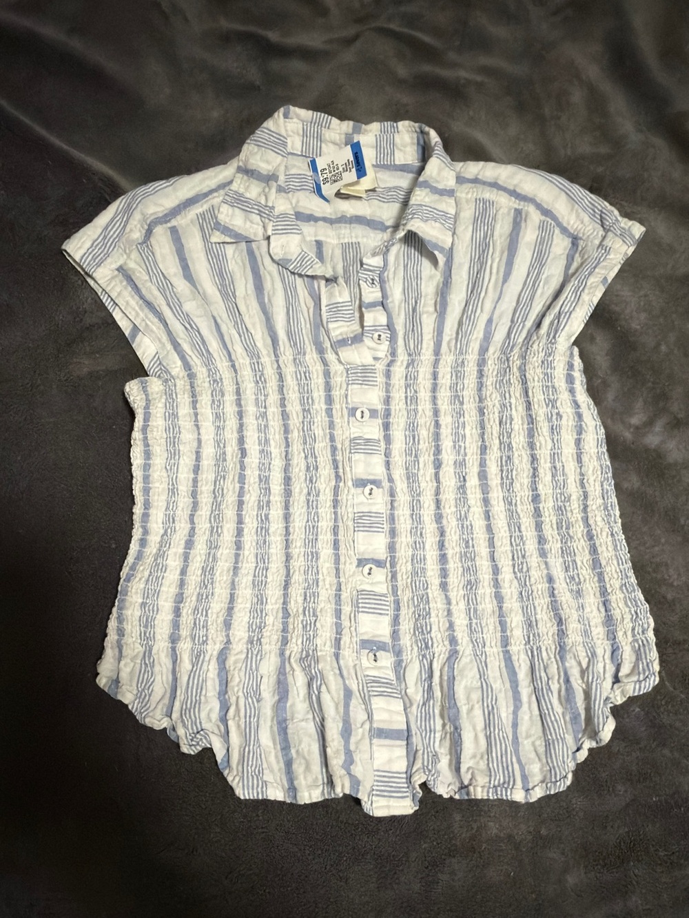 Maeve Blue & White Stripe Smocked Button-Down Top | Size: Small